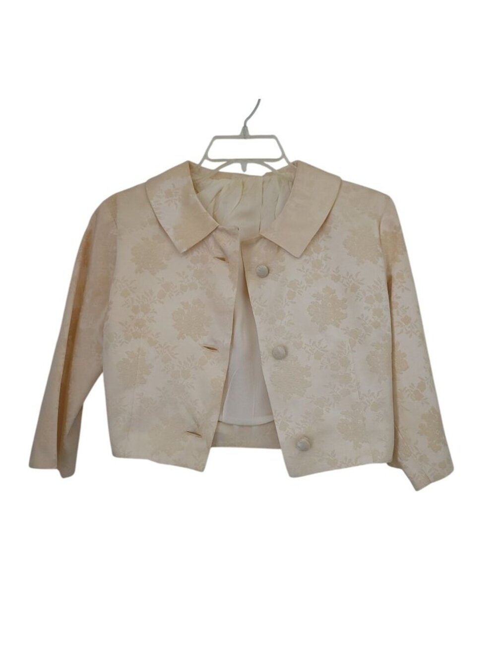 Vintage 50s/60s Ivory Brocade Floral Jacquard Dress & Cropped Jacket Set S/M - Picture 10 of 13